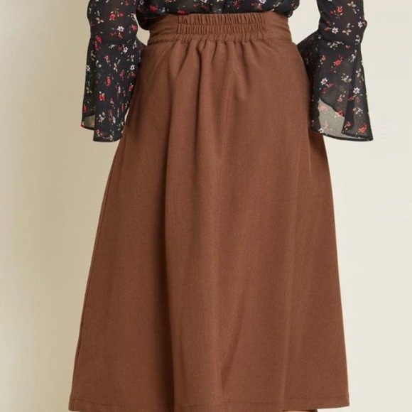 ModCloth Retro Button Down Chocolate Brown MIDI Skirt, Pleated, Pockets, Size XL - Picture 2 of 9